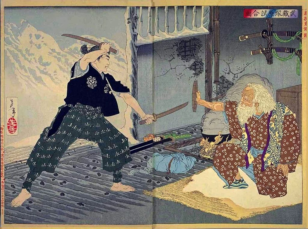 An ukiyo-e of Miyamoto Musashi and Tsukahara Bokuden