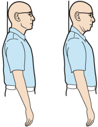 Ilustración de una persona de pie contra la pared con la barbilla retraída