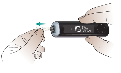 Figure 16. Pull the test strip out of your blood glucose meter