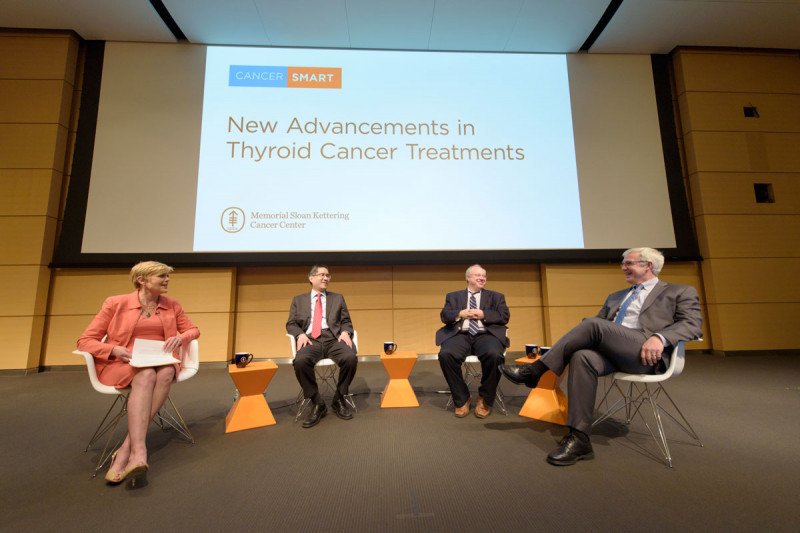 Anne Thompson, Moderator and Emmy Award Winning Journalist with panelists with Richard J. Wong, MD, FACS; Eric J. Sherman, MD and R. Michael Tuttle, MD at CancerSmart: New Advancements in Thyroid Cancer Treatments on May 1, 2017.