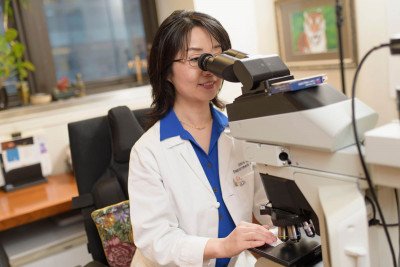 MSK pathologist Jinru Shia looks through a microscope