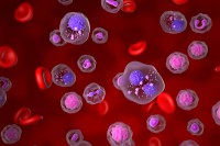 An illustration depicts multiple myeloma, a type of blood cancer. The image shows a red background with various blood cells floating within it.