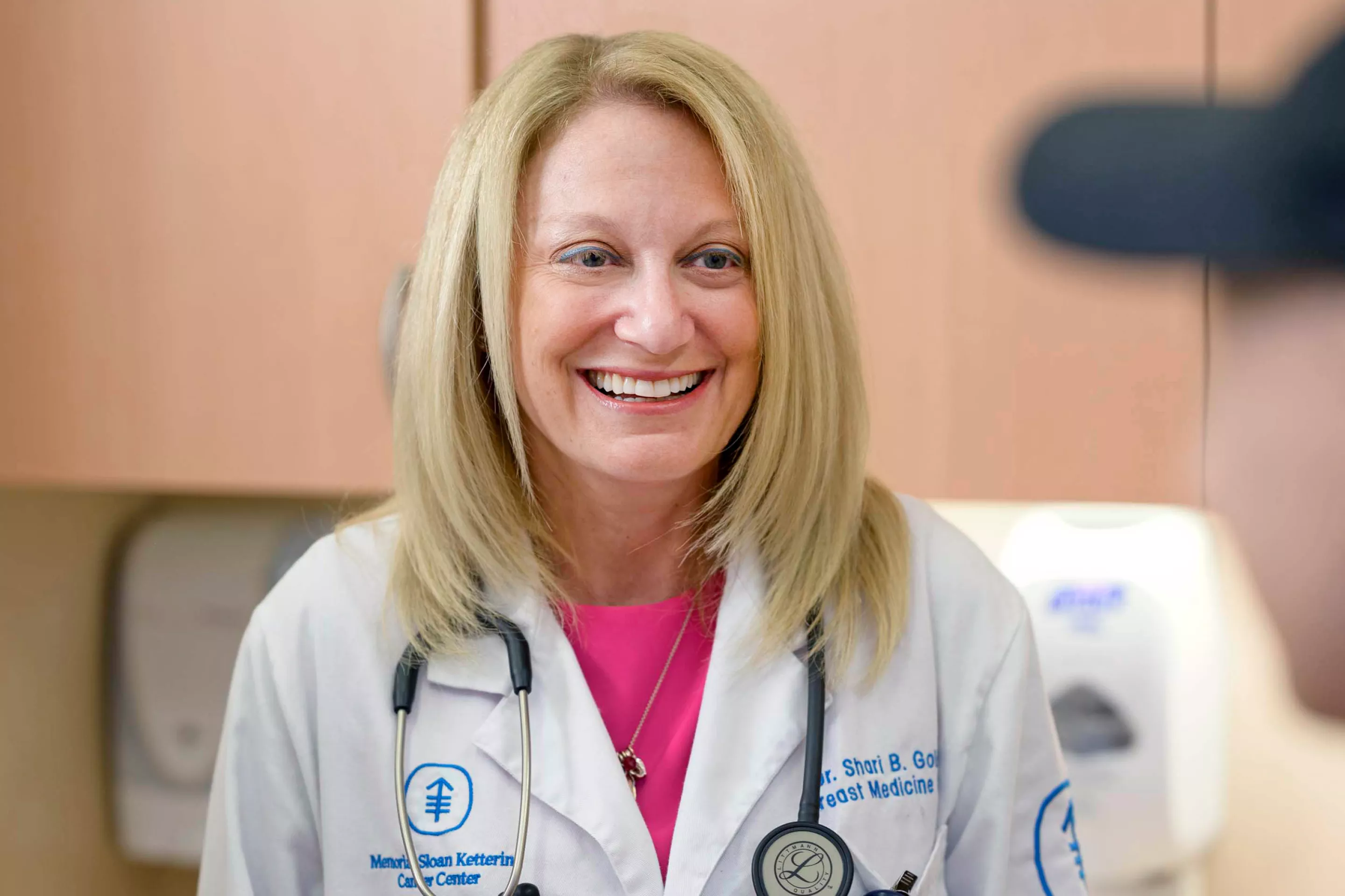 Breast oncologist Shari Goldfarb is with a patient 