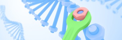 Illustration of DNA with green wrench making adjustments to a nut on the double helix.