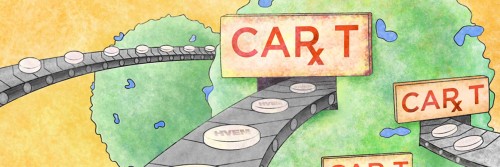 Illustration of CAR T cells with conveyor belts leading out of them carrying HVEM protein in tablet form.